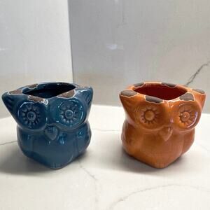 Set of 2 Mini Ceramic Owl-Shaped Planters Orange Blue Succulants Candle Holder